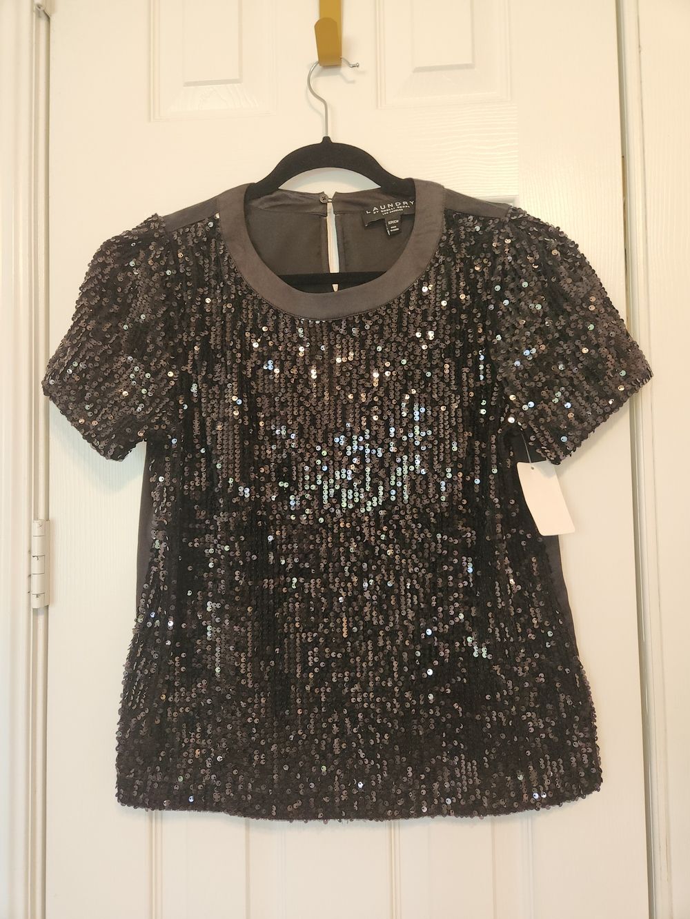 Laundry By Shelli Segal Black Sequin Short Sleeve Blouse Women's Small